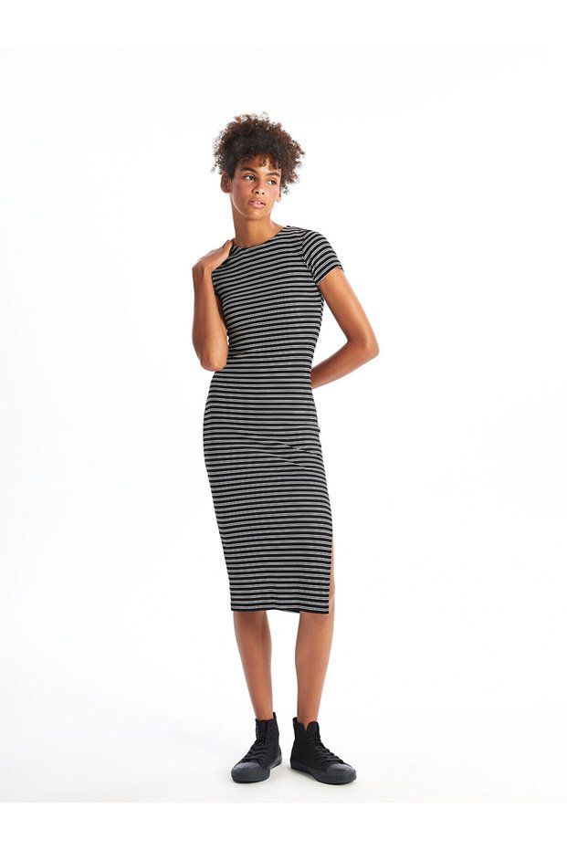 LCW Crew Neck Striped Short Sleeve Women's Bodycon Dress