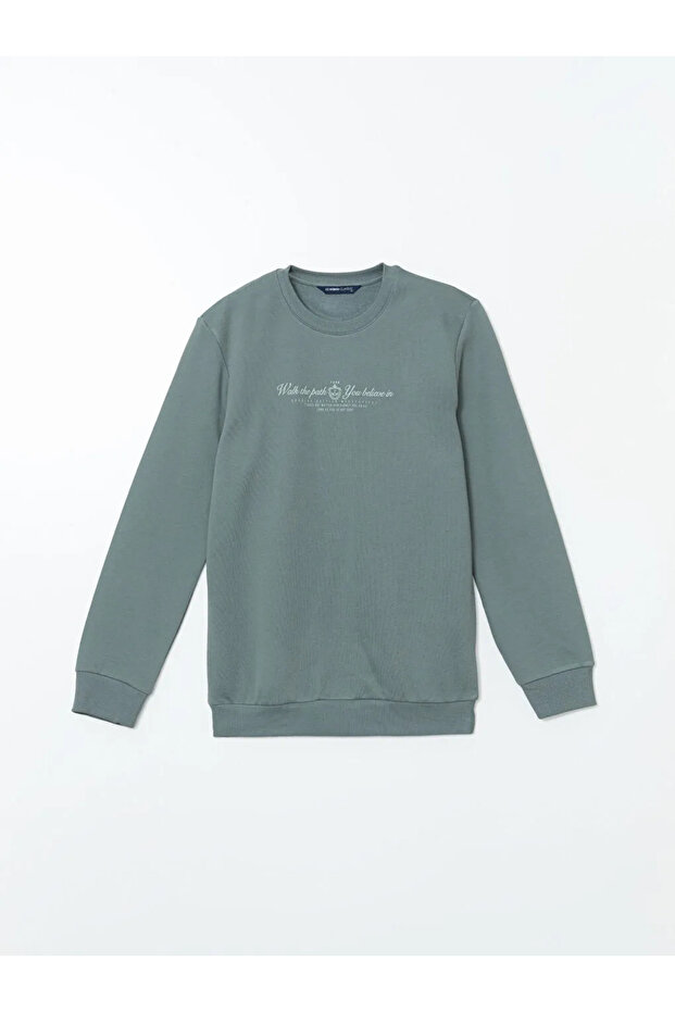 Lcwaikiki Classic Green Crew Neck Long Sleeve Printed Men's Thick Sweatshirt