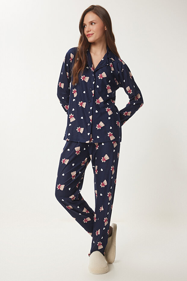 Patterned Velvet Textured Knitted Pajama Set Dark Blue Lfp0002