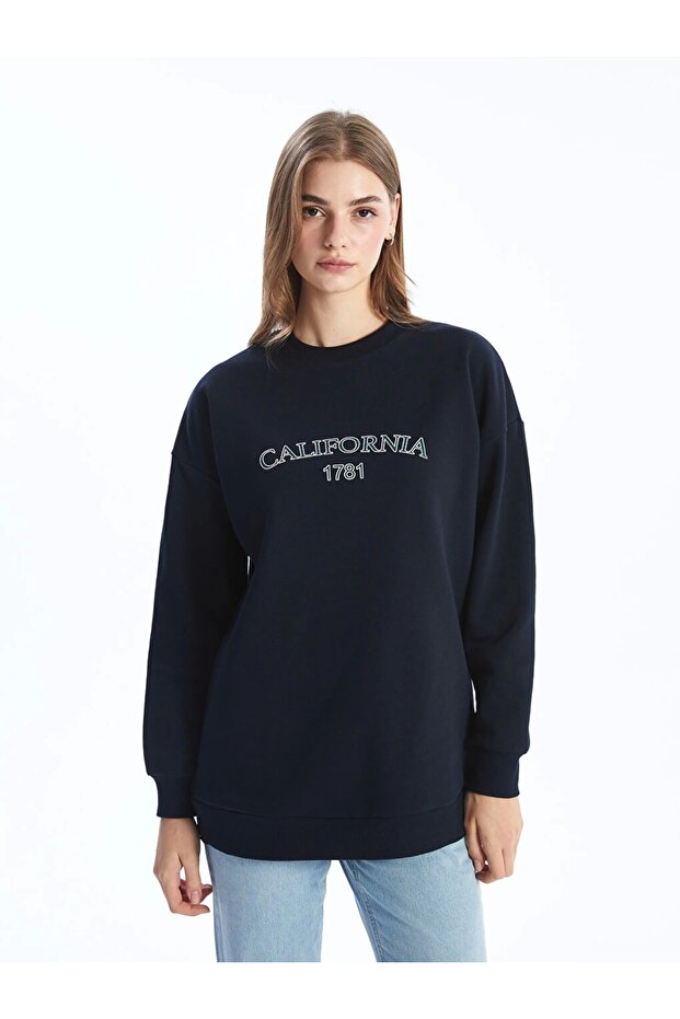 Lcw Modest Navy Blue Crew Neck Printed Oversize Women's Sweatshirt Tunik