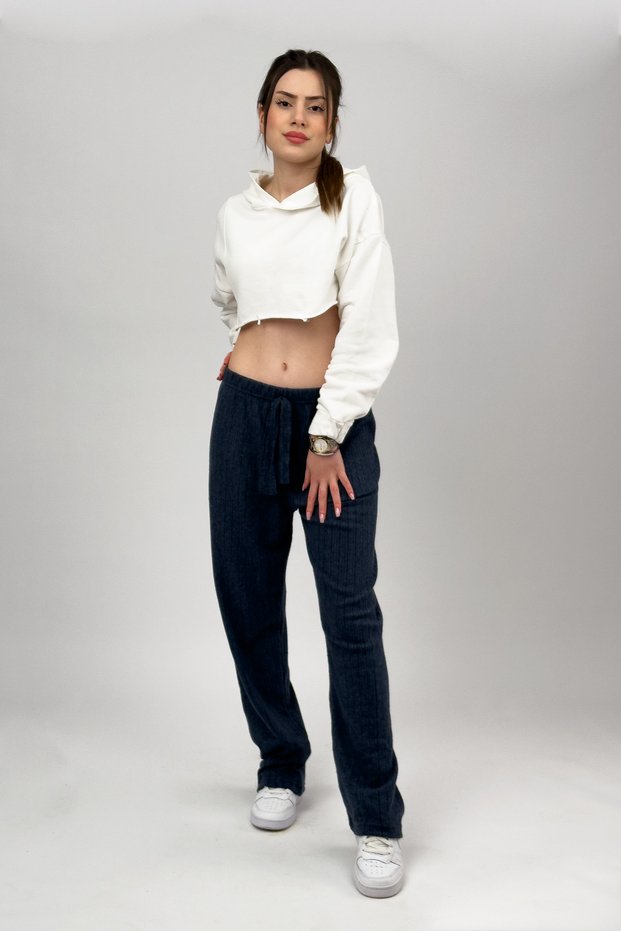 Women's Soft Textured Cotton Elastic Waist Loose Leg Oversize Sweatpants Pajama Bottoms Navy Blue