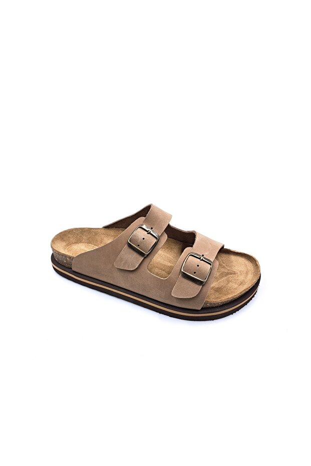 Genuine Nubuck Leather Double Buckle Sand Beige Men's Slippers