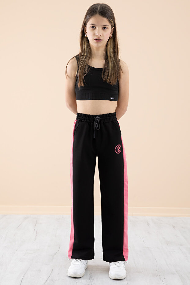 Black Garnished Wide Leg Girl's Elastic Waist Sweatpants 20198