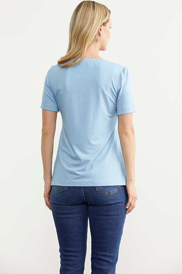 Baskılı Basic Penye Tişört - Mavi - 5