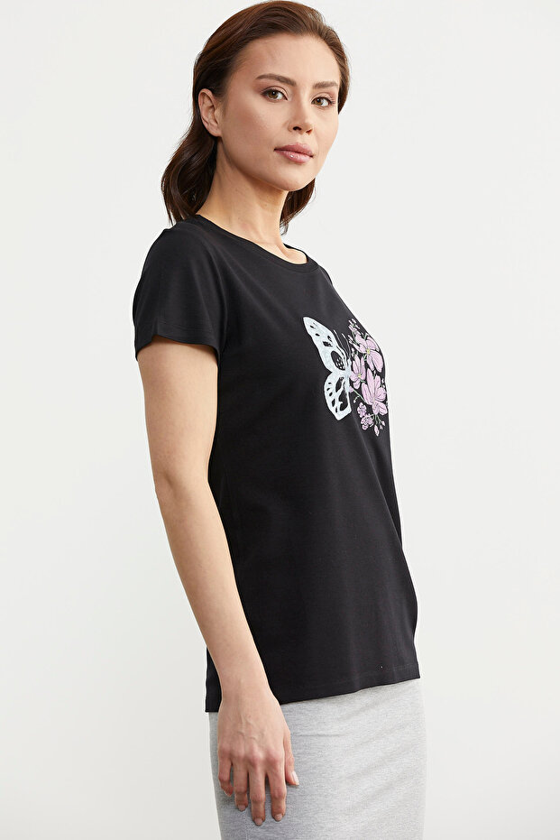 Tricou Negru Basic - Imprimat Fluture - 3