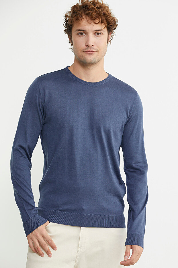 Erkek Sıfır Yaka Basic Triko Kazak - Indigo - 3