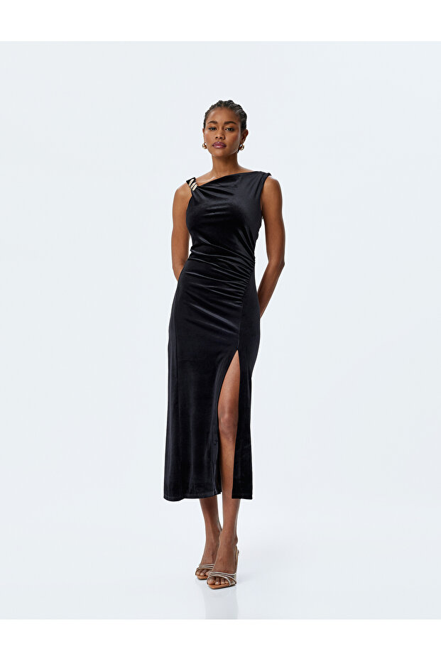 Slit Draped Velvet Long Dress with One Shoulder Metal Accessories