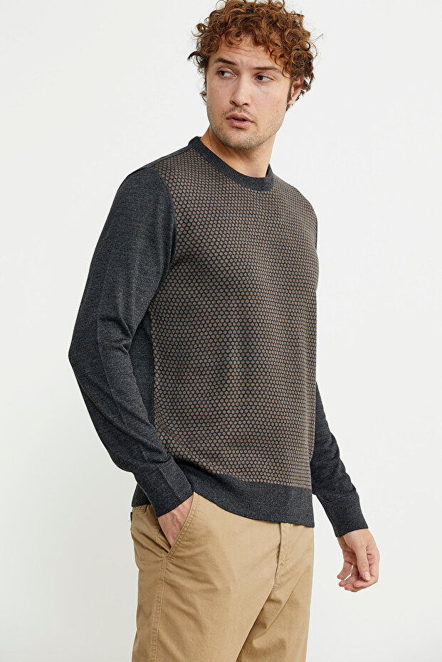 Sıfır Yaka Jakarlı Regular Fit Triko Kazak - Antrasit - 5