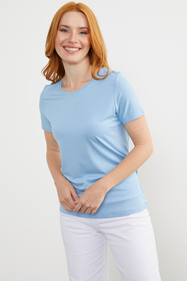 Sıfır Yaka Kısa Kol Basic Tişört - Mavi - 2