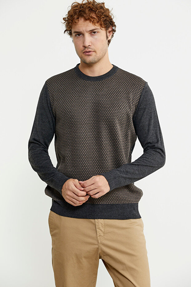 Sıfır Yaka Jakarlı Regular Fit Triko Kazak - Antrasit - 3
