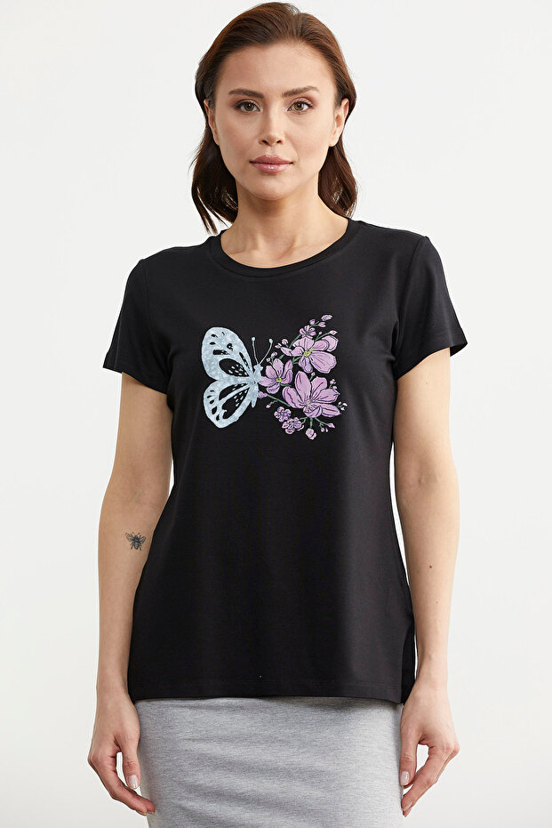 Tricou Negru Basic - Imprimat Fluture - 1