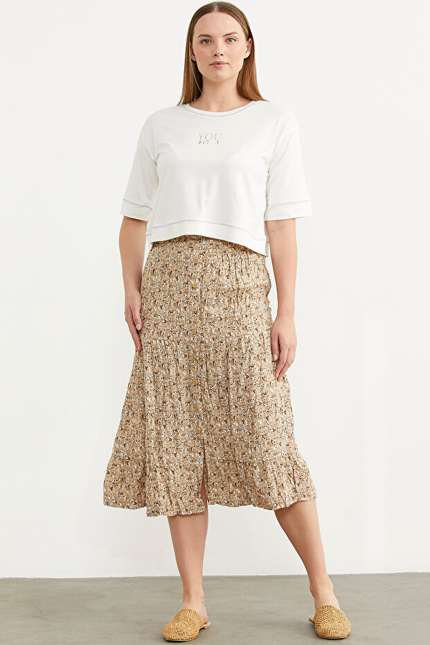 تنورة منقوشة بأزرار أمامية مرنة - بني - 2