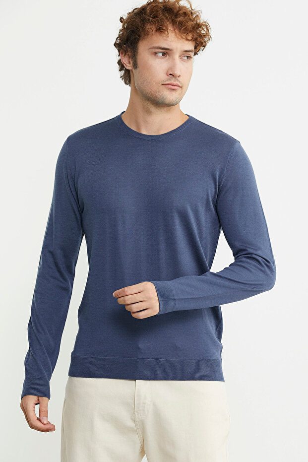 Erkek Sıfır Yaka Basic Triko Kazak - Indigo - 1