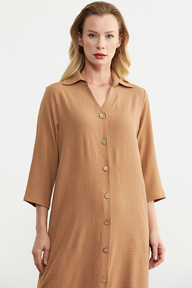 Rahat Kalıp Midi Boy Düğmeli Elbise - Kamel - 5