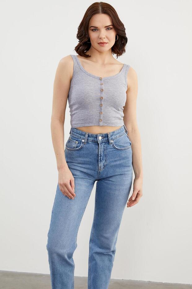 قميص داخلي قصير بأزرار وأشرطة سميكة - رمادي - 3