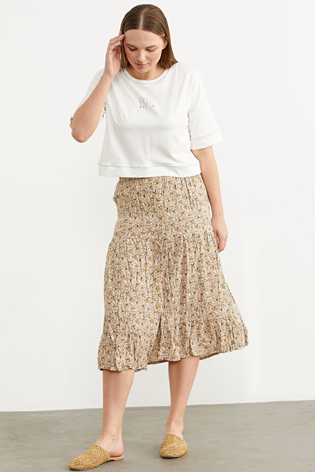 تنورة منقوشة بأزرار أمامية مرنة - بني - 3