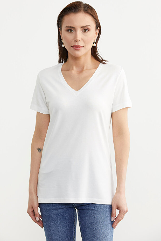 V Yaka Dökümlü Basic Tişört - Ekru - 1