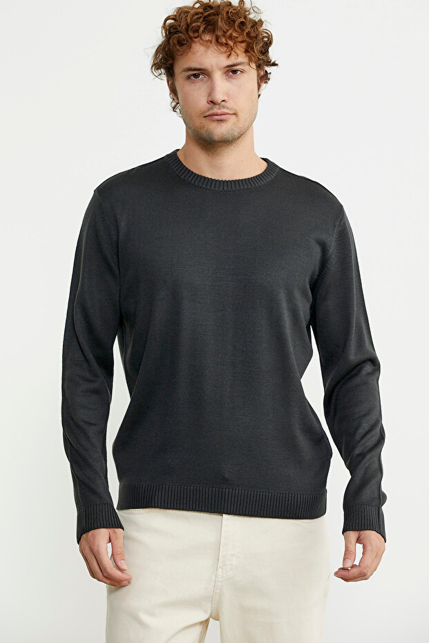 Sıfır Yaka Basic Triko Kazak - Antrasit - 1