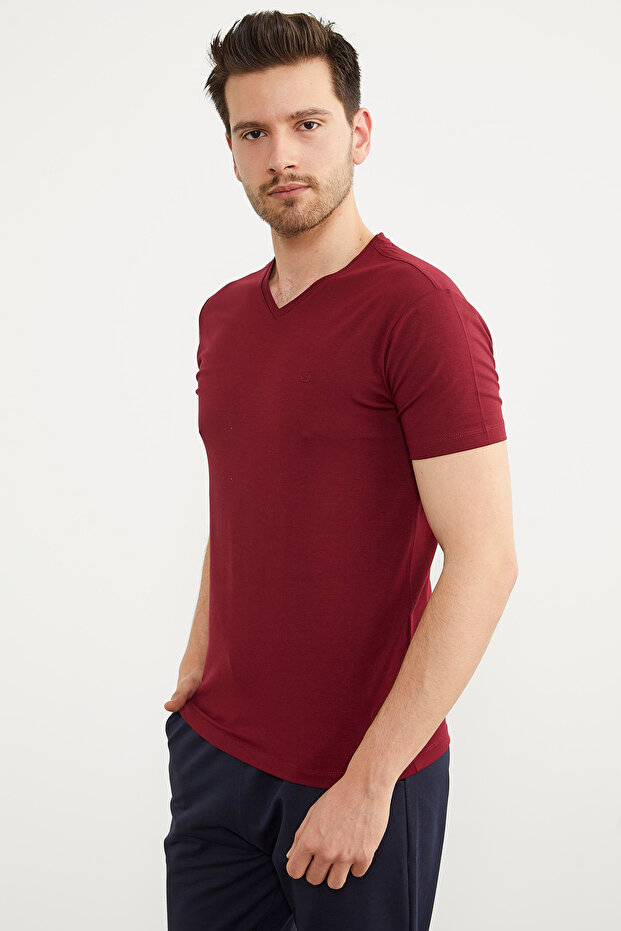 V Yaka Basic Kısa Kol Tişört - Bordo - 3