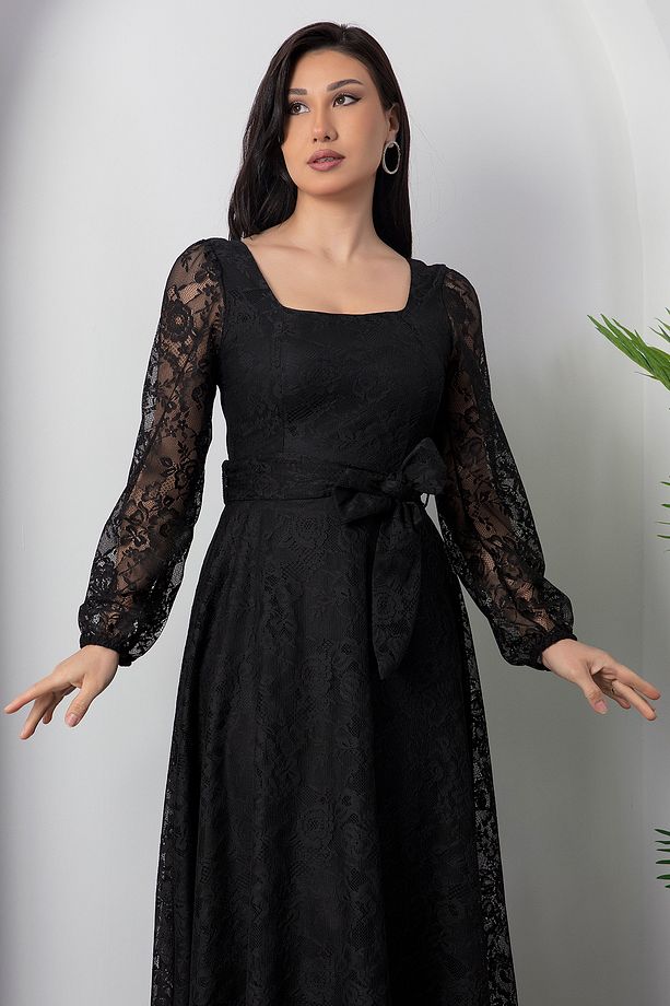 Kare Yaka Kemerli Dantel Elbise AP-0222 - 3