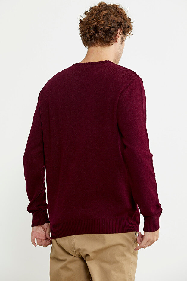 Basic Sıfır Yaka Triko Kazak - Bordo - 6