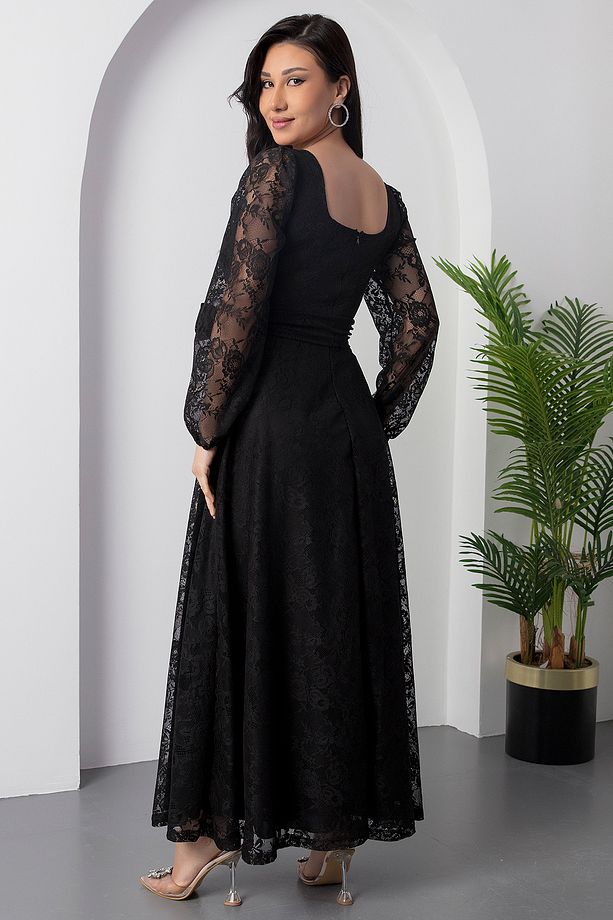 Kare Yaka Kemerli Dantel Elbise AP-0222 - 7