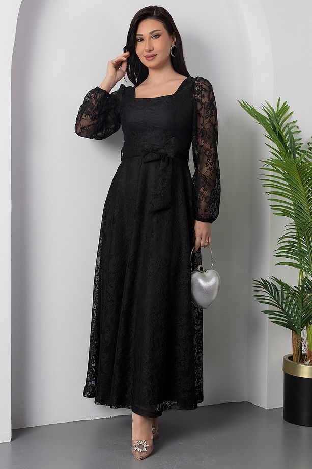 Kare Yaka Kemerli Dantel Elbise AP-0222 - 4
