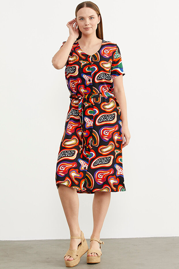 Front Buttoned Patterned Viscose Dress - Black - 2