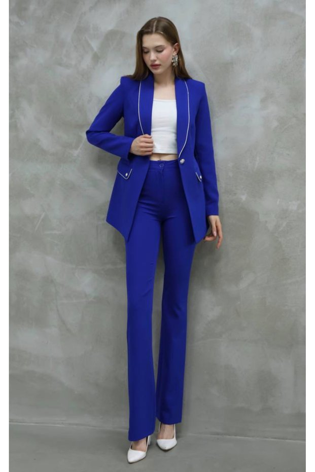 Women's Silver Detailed Classic Jacket Trousers Set Cobalt Blue