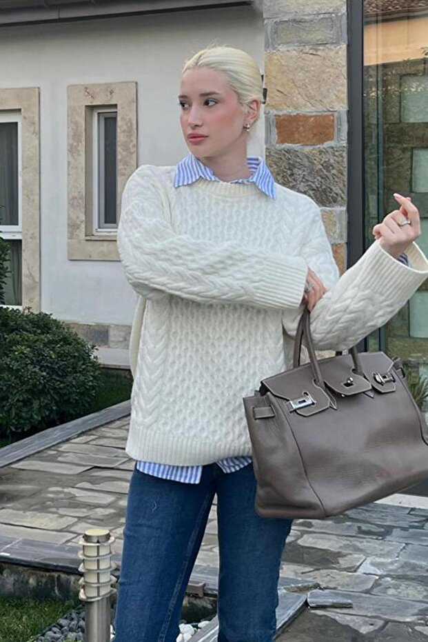 Ecru Crew Neck Knitted Knitwear Sweater Mg2262