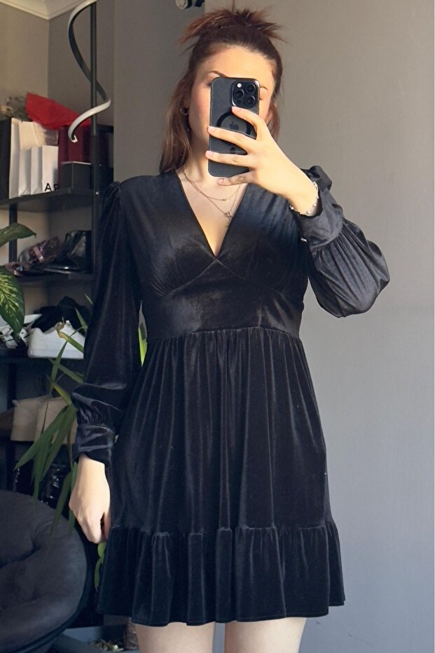 Kadife Mini Elbise -Siyah - 1