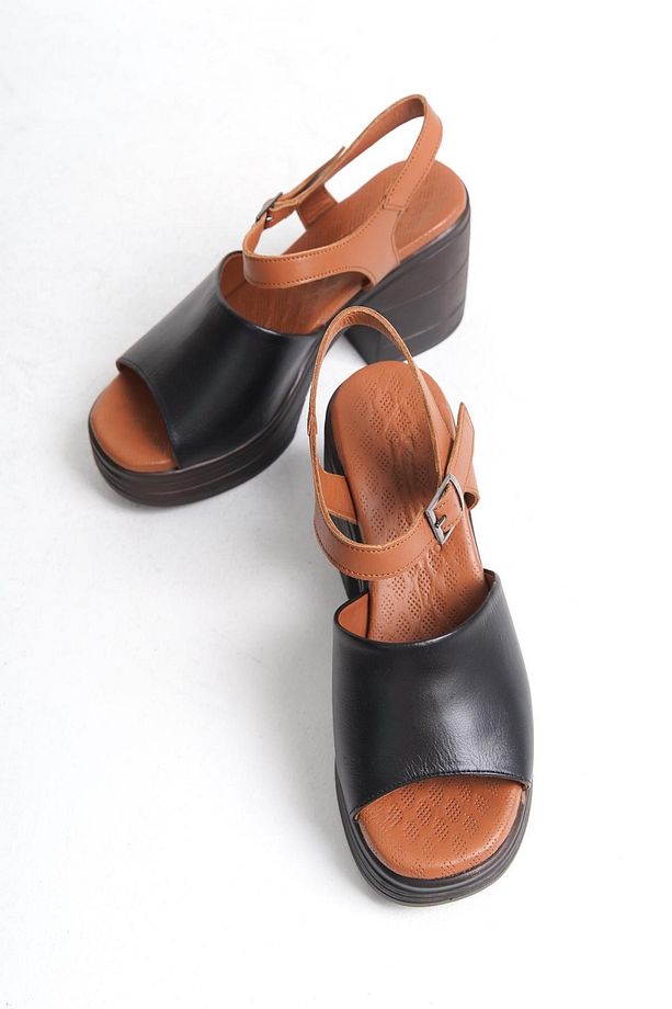 Hakiki Deri Siyah Taba 10 Cm Platform Ortopedik Tek Bant Kadın Sandalet - 3