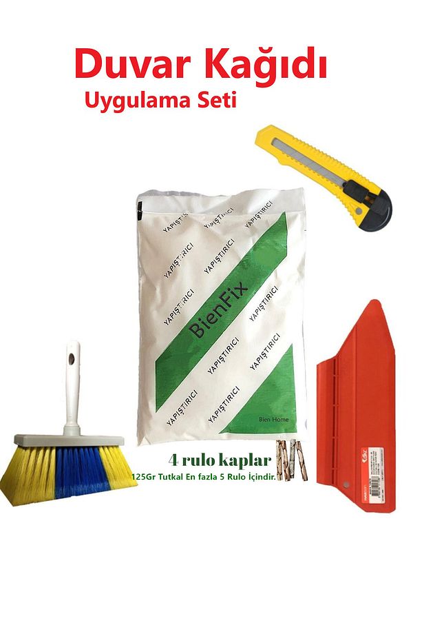 4'lü Süper Set Duvar Kağıdı Uygulama Seti Yapıştırıcısı-125 Gram Tutkal-spatula-fırça-Falçata - 1