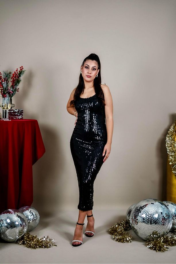 Askısı Ayarlanabilir Astarlı Midi Payet Elbise - 1
