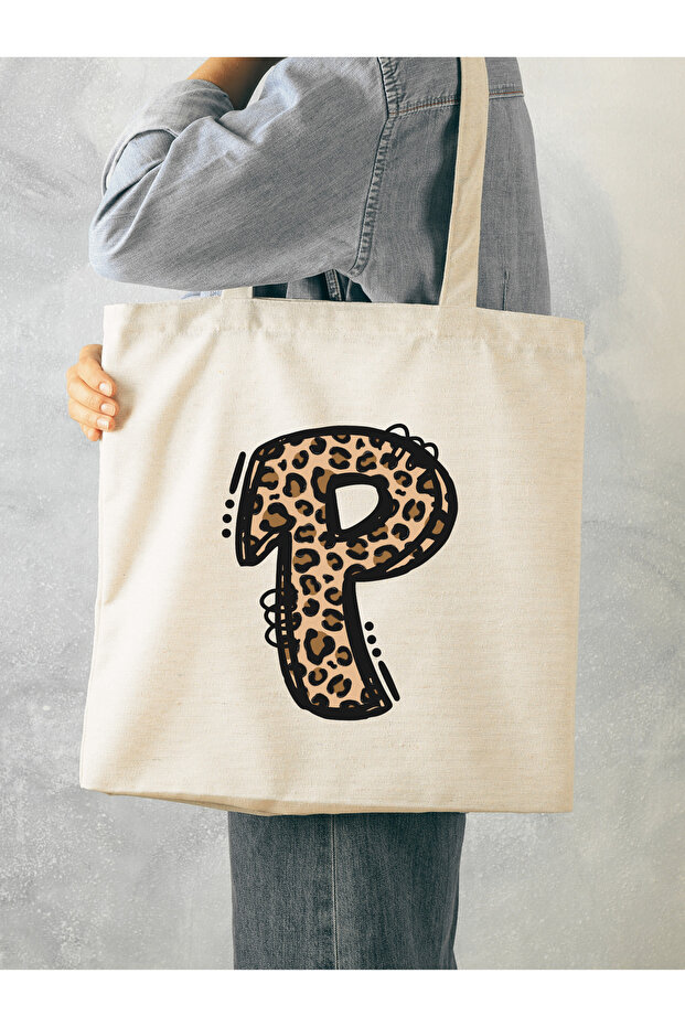 Leopard Letter P Patterned, Y2 Pinterest Retro Cloth Bag Tote Bag, Gift Bag