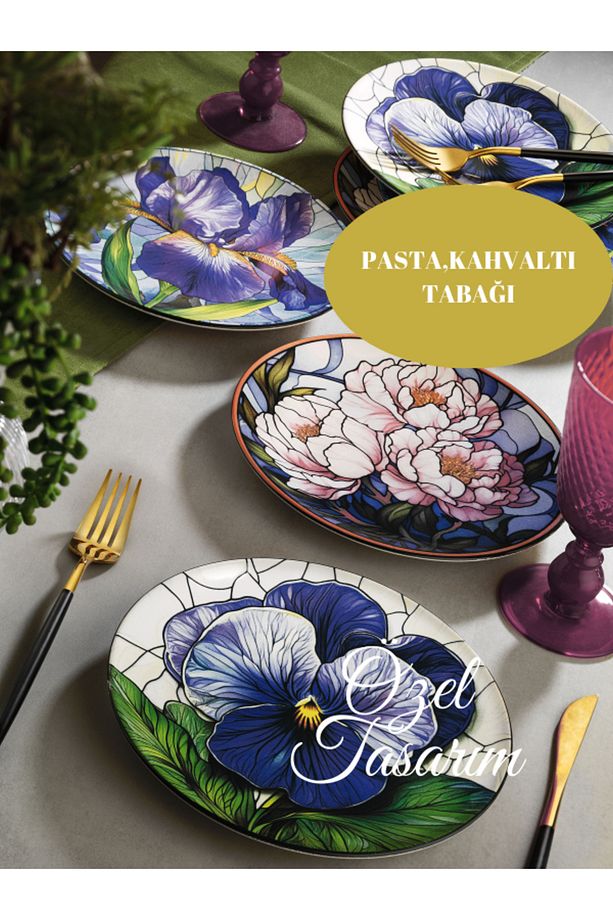 6'lı Iris Serisi Çiçek'li Full Desen Pasta ,sunum,kahvaltı Tabağı Servis Seti - 3