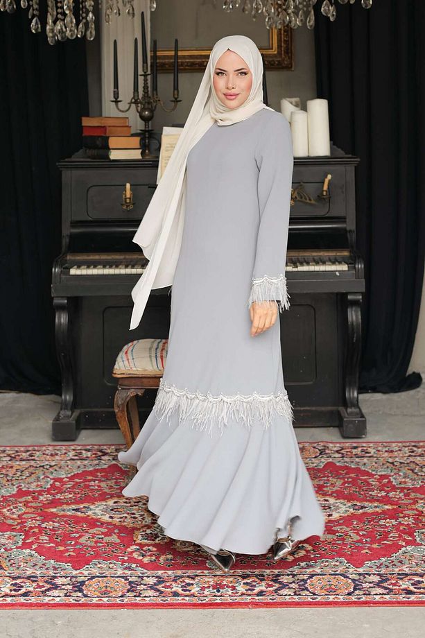 Elif Model Tüy Detaylı Gri Elbise - 3