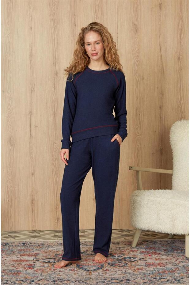 Women's Navy Blue Waffle Fabric Red Stitching Detail T-Shirt Pajama Set 4204