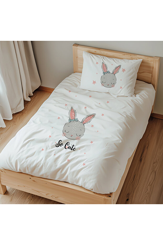 Single 100% Cotton Satin Duvet Cover Set (160X220 cm) with Ribbon Rabbit Design