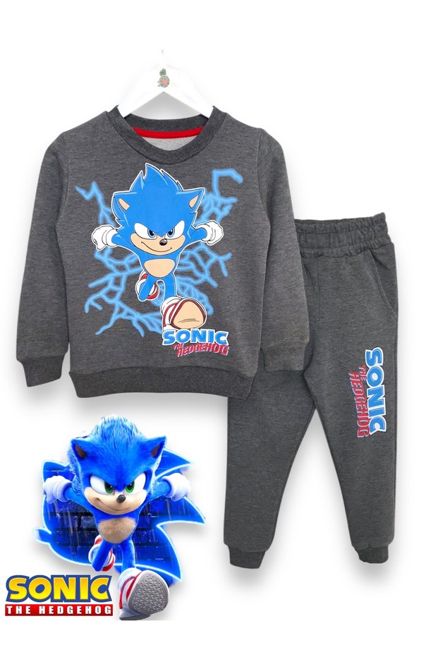 Sonic Printed Dark Anthracite Color Long Sleeve Seasonal Soft Textured Boy's Sweatshirt Set