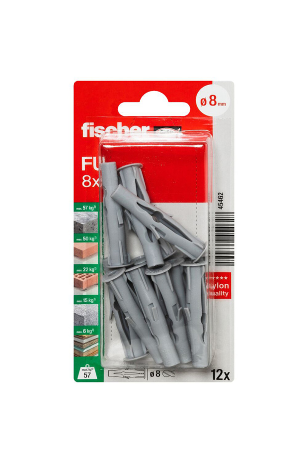 قابس حائط عالمي FU 8 × 50، قابس حائط من النايلون للطوب الخرساني والمواد المجوفة، مع طوق مضاد للدوران