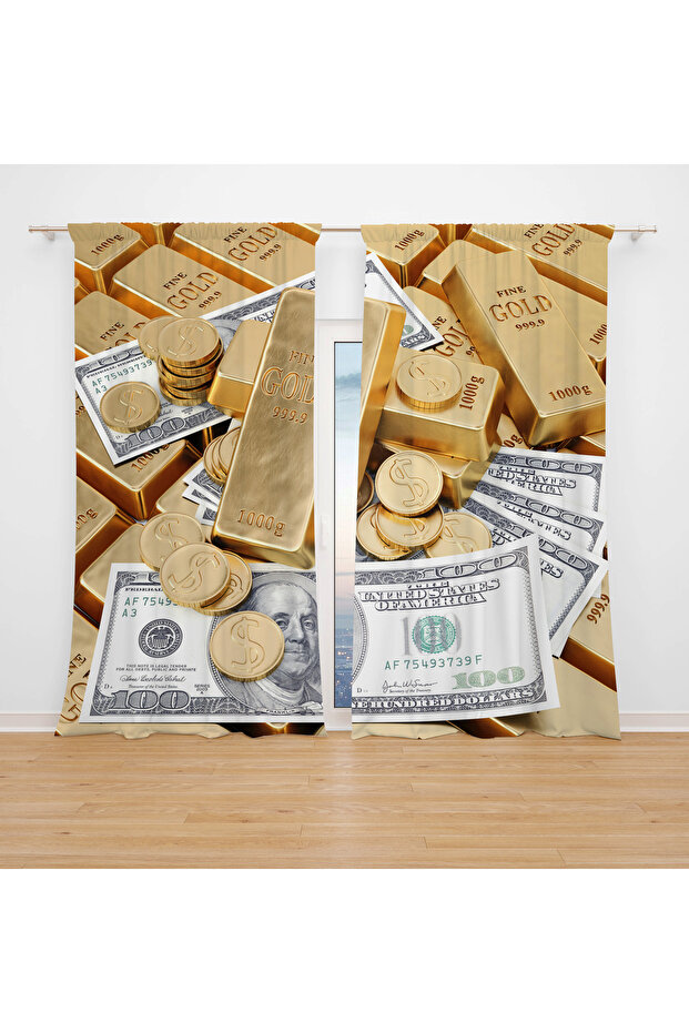 Dollars Gold Pattern Digital Printed Backdrop Curtain 2 Blades Living Room Hall Background Curtain