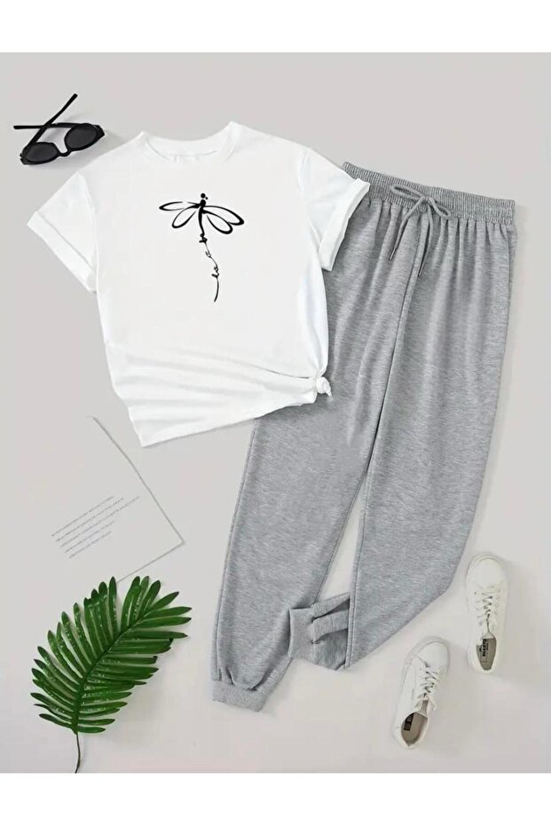 Dragonfly Printed T-Shirt Sweatpants Jogger Comfortable Fit Tracksuit Set