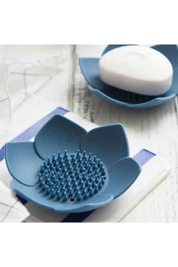 2 Adet Lotus Desenli Sabun Ve Sünger Tutacağı Silikon (MAVİ) Su Giderli Lotus Şekilli Sabunluk - 4