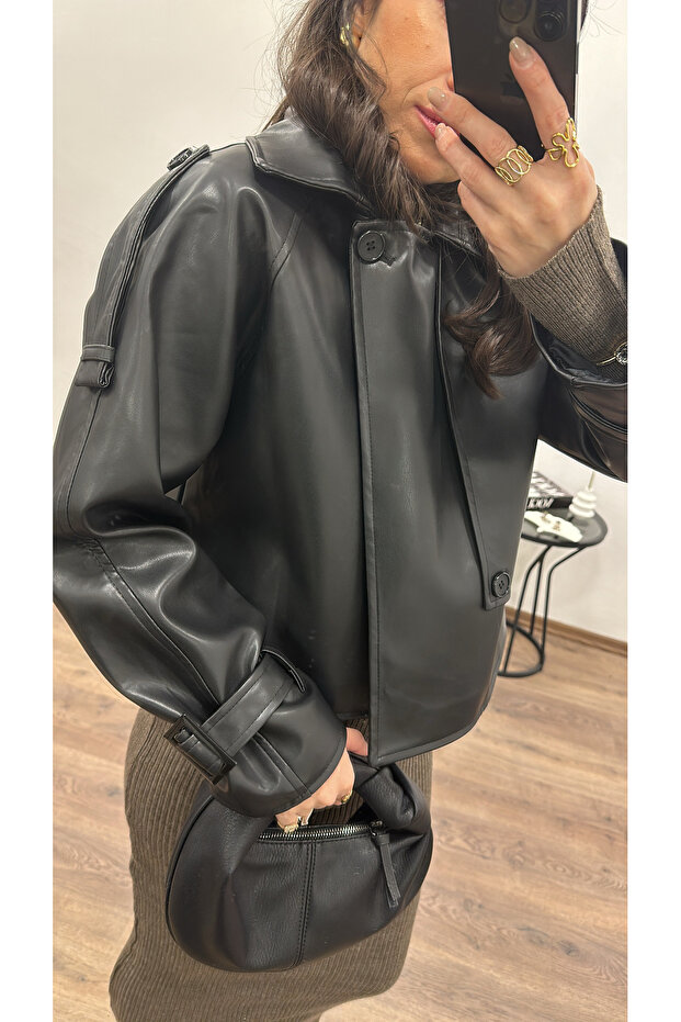 Suni Deri Kısa Ceket - 3