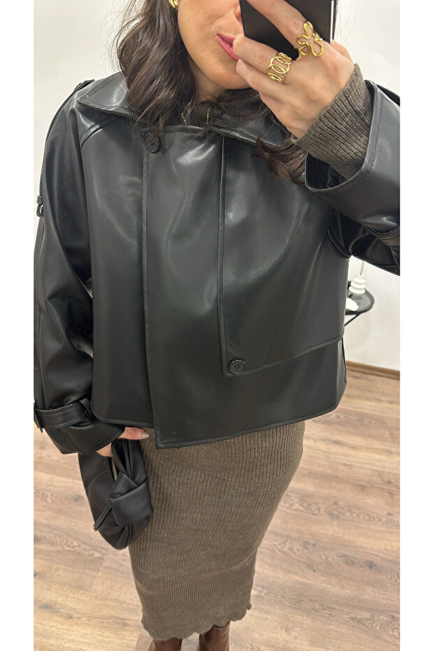 Suni Deri Kısa Ceket - 8