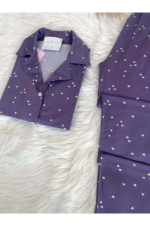 Mor Mini Kalp Desenli Kısa Kol Gömlek Yaka Örme Pijama Takımı - 5