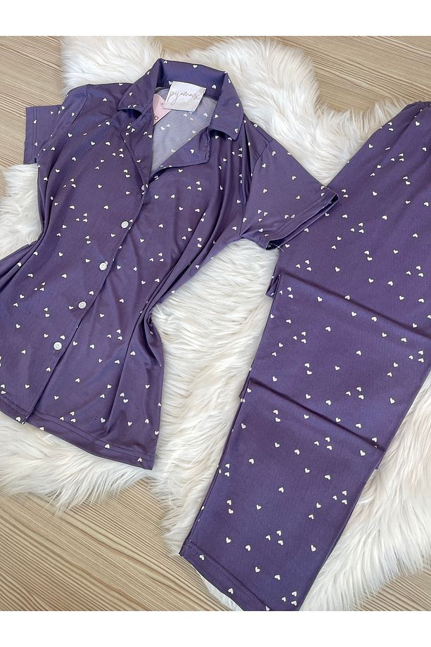 Mor Mini Kalp Desenli Kısa Kol Gömlek Yaka Örme Pijama Takımı - 7