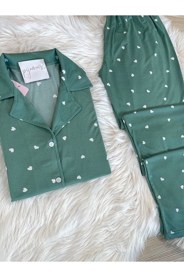 Mint Yeşili Kalp Desenli Kısa Kol Gömlek Yaka Örme Pijama Takımı - 4