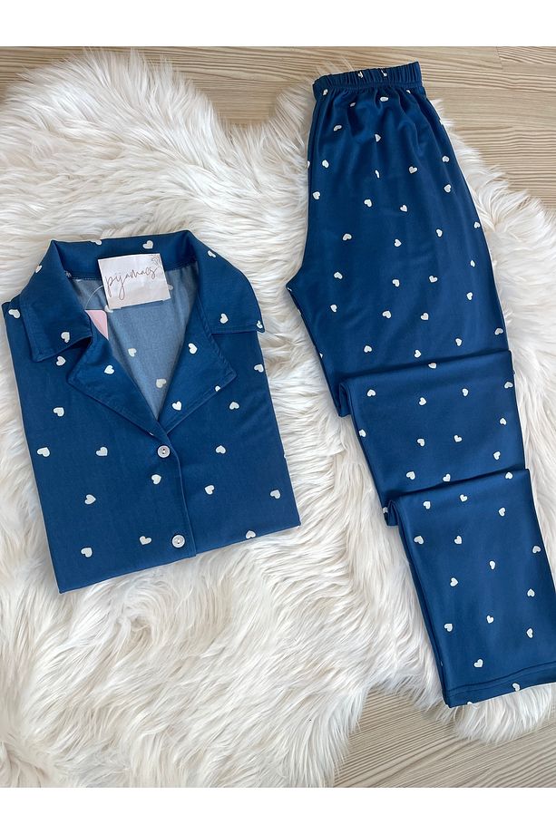 Lacivert Kalp Desenli Kısa Kol Gömlek Yaka Örme Pijama Takımı - 2